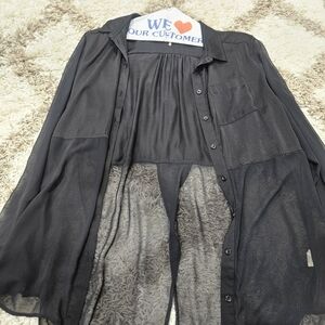 Free People Black Sheer Button-Up Blouse